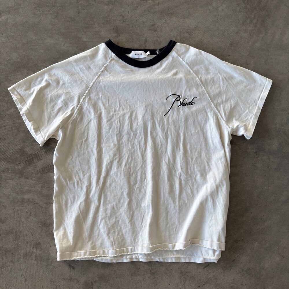 Rhude Logo Tee Cream Black Ringer Embroidered Script Front Back Small